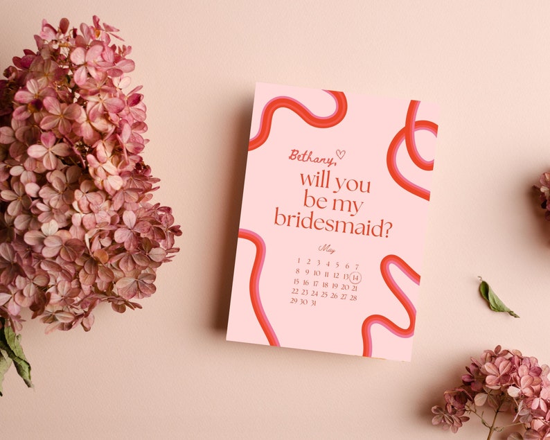 Squiggle Bridesmaid Proposal Card Will You Be My Bridesmaid Will You Be My Maid of Honor Retro Waves Invite Canva Template image 4