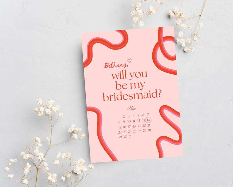 Squiggle Bridesmaid Proposal Card Will You Be My Bridesmaid Will You Be My Maid of Honor Retro Waves Invite Canva Template image 7