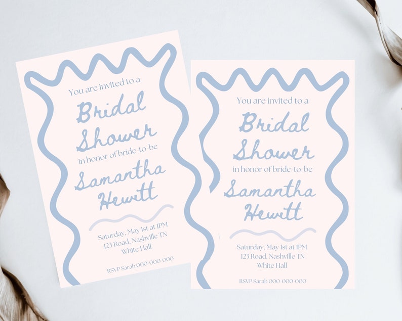 Blue Scallop Bridal Shower Invitation Wavy Waves Invite Etsy