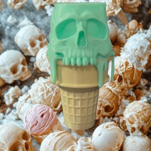 May include: A novelty ice cream cone with a green skull-shaped scoop, dripping down onto a yellow waffle cone. The background features a collection of ice cream cones and skulls, creating a unique and spooky theme.