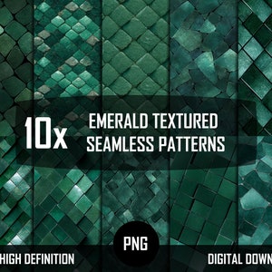 Puede incluir: Diez patrones sin costuras texturizados de color verde esmeralda en descarga digital. Los patrones son de varios estilos, incluyendo geométrico, mosaico y orgánico. Los patrones son de alta definición y son perfectos para usar en proyectos de diseño.
