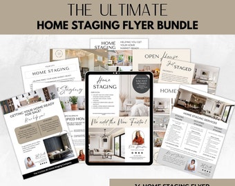 May include: A collection of 14 home staging flyer templates for real estate agents and home stagers. The flyers feature a variety of designs and layouts, including photos of staged homes, text about the services offered, and contact information. The text on the flyers includes "The Ultimate Home Staging Flyer Bundle", "Home Staging", "Helping You Get Your Home Market-Ready", "Open House", "Just Staged", "We add the Wow Factor!" and "14 Home Staging Flyer Templates for You to Customize and Use to Market Your Business".