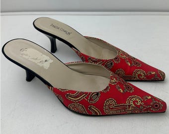Vintage Pineda Covalin Rot Paisley Kitten Heel Pantoletten Damen Gr 7,5