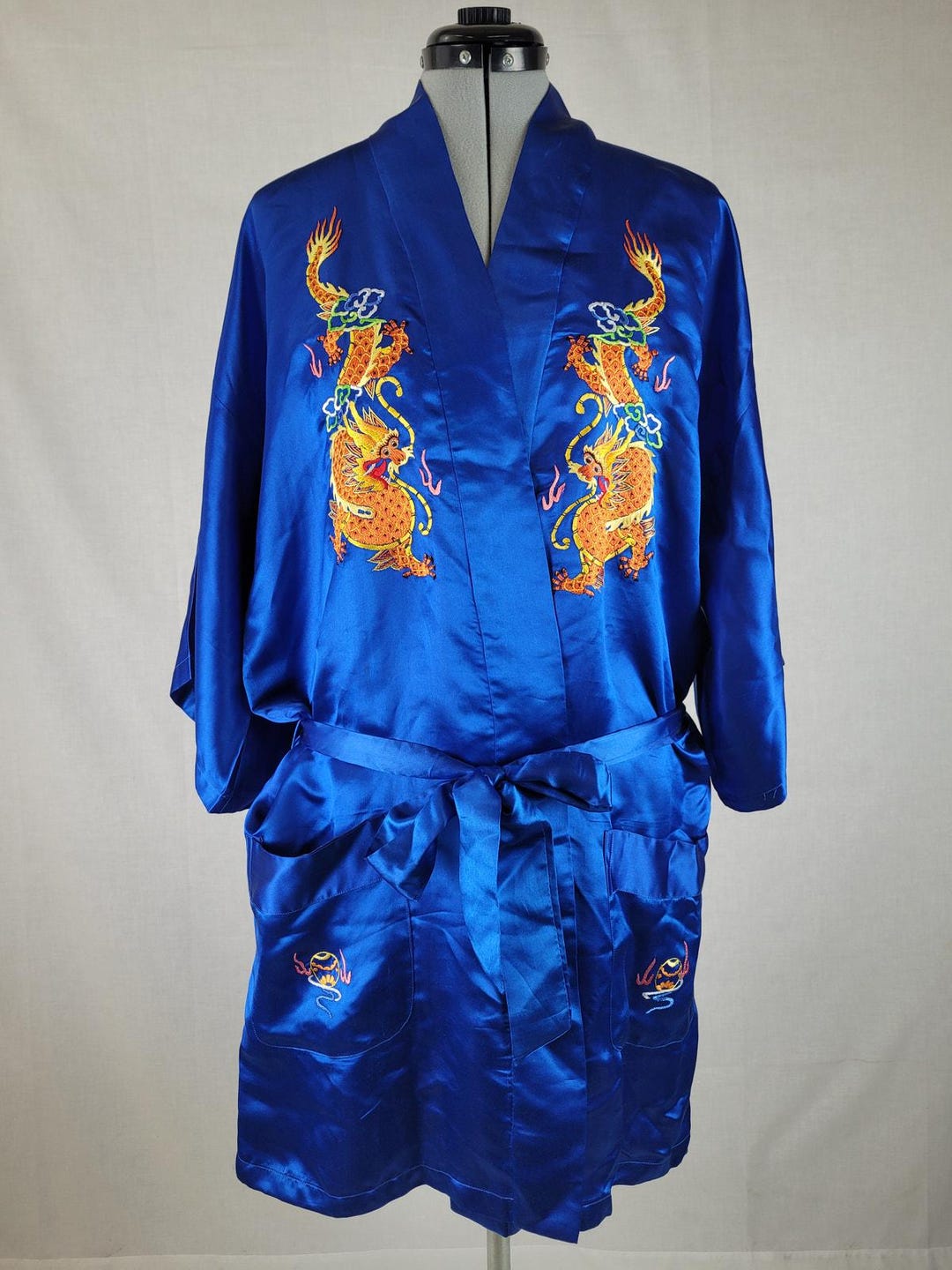 Vintage Pearls Brand Gold Dragon Embroidered Blue Silk Robe W Belt Sz S ...