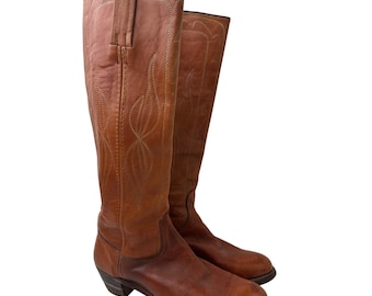 Vintage Frye Campus Cognac Leather Tall Western Boots Women's Sz 7.5