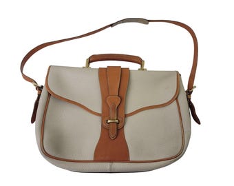 VTG Dooney & Bourke Large Equestrian Flap Bag Briefcase in Bone and British Tan