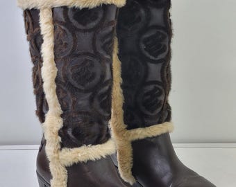 Vintage Y2K Rocawear Faux Fur Knee-High Brown Boots Wedge Heels Sz 8