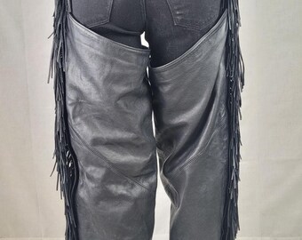 VTG Harley-Davidson Fringe Black Leather Motorcycle Riding Chaps Women's Sz L