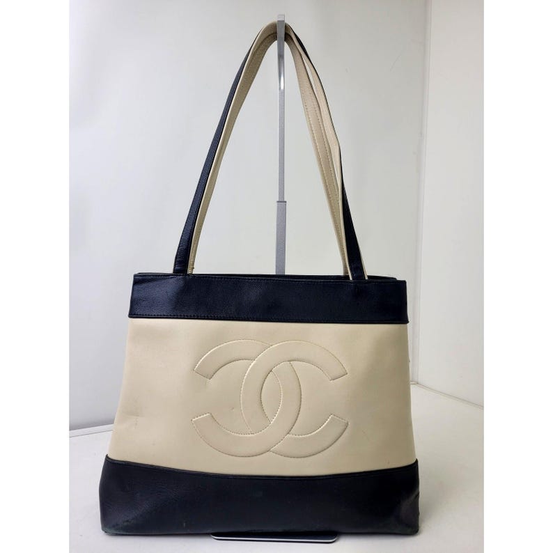 1997 Vintage CHANEL Coco Mark Contrast Tote Bag Minimalist Two-Tone Color Block image 1