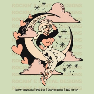 Puede incluir: Un dise&ntilde;o gr&aacute;fico digital que muestra a una vaquera con sombrero, camisa y pantalones, sentada sobre una luna creciente rodeada de nubes rosas, estrellas y corazones. El texto Howdy Valentine est&aacute; escrito en cursiva. Incluye colores negro, blanco y rosa.