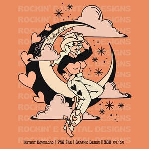 Puede incluir: Un dise&ntilde;o gr&aacute;fico digital que muestra a una persona con sombrero de vaquero, camisa y pantalones sentada sobre una luna creciente. La ilustraci&oacute;n incluye nubes, formas de coraz&oacute;n y estrellas en tonos negro, crema y melocot&oacute;n con el texto Howdy Valentine.
