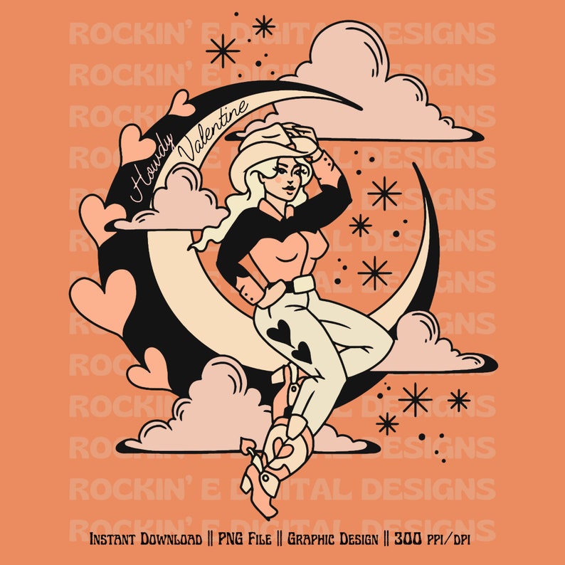 Puede incluir: Un dise&ntilde;o gr&aacute;fico digital que muestra a una persona con sombrero de vaquero, camisa y pantalones sentada sobre una luna creciente. La ilustraci&oacute;n incluye nubes, formas de coraz&oacute;n y estrellas en tonos negro, crema y melocot&oacute;n con el texto Howdy Valentine.