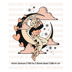 Puede incluir: Un dise&ntilde;o gr&aacute;fico digital que muestra a una persona con sombrero de vaquero, camisa y pantalones sentada sobre una luna creciente. El dise&ntilde;o incluye nubes rosas, formas de coraz&oacute;n y estrellas. El texto Howdy Valentine aparece en la luna.