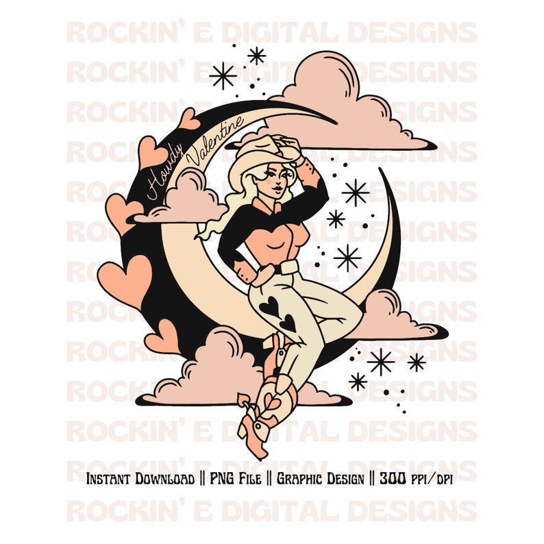 Puede incluir: Un dise&ntilde;o gr&aacute;fico digital que muestra a una persona con sombrero de vaquero, camisa y pantalones sentada sobre una luna creciente. El dise&ntilde;o incluye nubes rosas, formas de coraz&oacute;n y estrellas. El texto Howdy Valentine aparece en la luna.