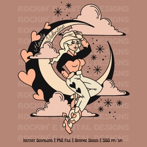 Puede incluir: Una ilustraci&oacute;n gr&aacute;fica digital que muestra a una persona con sombrero de vaquero, camisa negra y color melocot&oacute;n, y pantalones claros con detalles de corazones, sentada sobre una luna creciente negra. Incluye nubes color melocot&oacute;n, estrellas y el texto Howdy Valentine.