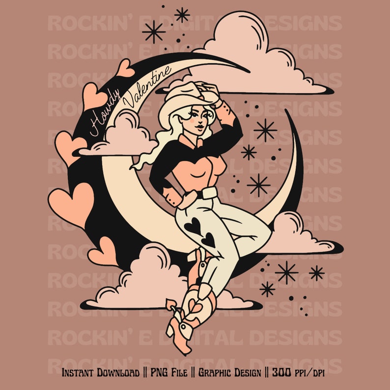 Puede incluir: Una ilustraci&oacute;n gr&aacute;fica digital que muestra a una persona con sombrero de vaquero, camisa negra y color melocot&oacute;n, y pantalones claros con detalles de corazones, sentada sobre una luna creciente negra. Incluye nubes color melocot&oacute;n, estrellas y el texto Howdy Valentine.