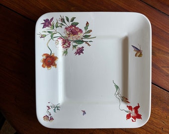 Vintage French Luneville Faience Square Platter with Colorful Hand-painted Floral Pattern - Perfect Botanical Accent!