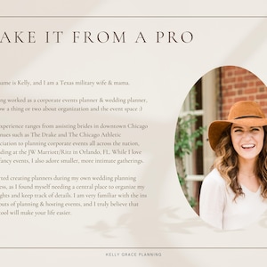 May include: The image features text that reads "TAKE IT FROM A PRO" and "KELLY GRACE PLANNING." A smiling woman wearing a brown hat is in an oval frame. The text describes her experience as an event planner.