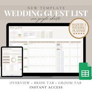 Peut inclure: Un ordinateur portable affichant un modèle de liste d'invités de mariage sur une feuille de calcul Google. Le modèle comporte des onglets pour une vue d'ensemble, la mariée et le marié. Le texte "NEW TEMPLATE WEDDING GUEST LIST via google sheets" est en haut de l'écran. Le texte "MADE BY A WEDDING PLANNER" est dans un cercle doré avec cinq étoiles en dessous.
