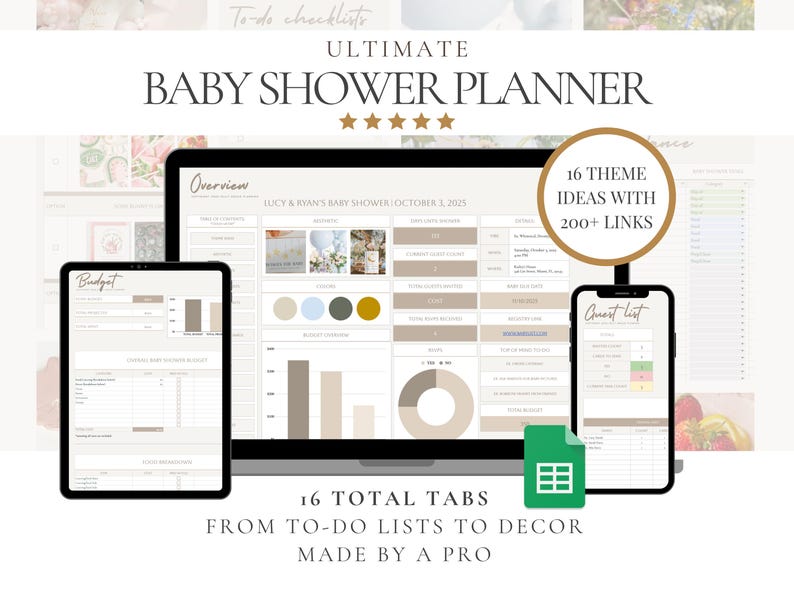 May include: Digital baby shower planner displayed on a laptop, tablet, and phone. The planner includes budget, guest list, and to-do checklists. The text reads "Ultimate Baby Shower Planner" and "16 Theme Ideas with 200+ Links."