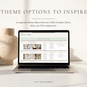 May include: A laptop displaying theme ideas sits on a white surface next to a beige, textured vase. The screen shows a website with the text "Theme Ideas" and "Gender Neutral Theme Ideas". The image includes the text "THEME OPTIONS TO INSPIRE".