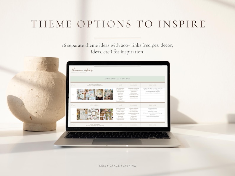 May include: A laptop displaying theme ideas sits on a white surface next to a beige, textured vase. The screen shows a website with the text "Theme Ideas" and "Gender Neutral Theme Ideas". The image includes the text "THEME OPTIONS TO INSPIRE".