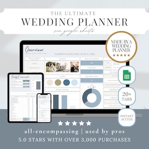 May include: A digital wedding planner displayed on a laptop, tablet, and phone. The planner includes sections for budget, checklists, and guest count. Text on the image reads "THE ULTIMATE WEDDING PLANNER" and "5.0 STARS WITH OVER 3,000 PURCHASES."