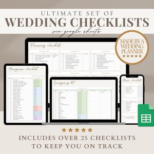 May include: A digital image showing a set of wedding checklists, available via Google Sheets. The image shows four checklists, including a planning checklist, a honeymoon checklist, an emergency kit checklist, and a misc checklist. The text "ULTIMATE SET OF WEDDING CHECKLISTS via google sheets" is at the top of the image. The text "INCLUDES OVER 25 CHECKLISTS TO KEEP YOU ON TRACK" is at the bottom of the image. The text "MADE BY A WEDDING PLANNER" is in a gold circle with five gold stars.