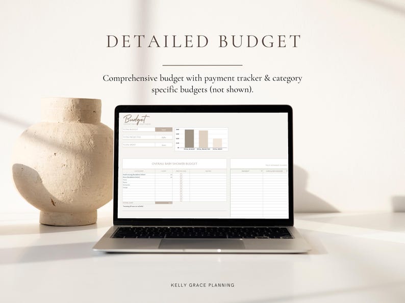 May include: A laptop displaying a detailed budget spreadsheet, with a beige ceramic vase to the left. The screen shows financial data and the word "Budget". Text at the top reads "DETAILED BUDGET". The bottom text says "KELLY GRACE PLANNING".