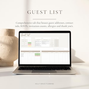 May include: A laptop displaying a "Guest List" template, with sections for addresses, RSVPs, and other guest information. The screen is open on a white desk next to a beige vase. Text at the top reads "GUEST LIST".