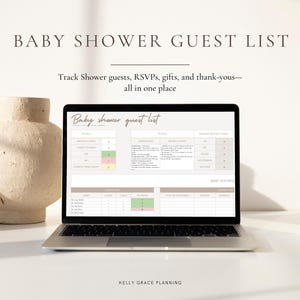 May include: A laptop displays a baby shower guest list template, with sections for tracking guests, RSVPs, gifts, and thank-you notes. A beige, textured vase sits to the left. The text "BABY SHOWER GUEST LIST" is at the top.