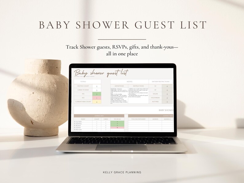 May include: A laptop displays a baby shower guest list template, with sections for tracking guests, RSVPs, gifts, and thank-you notes. A beige, textured vase sits to the left. The text "BABY SHOWER GUEST LIST" is at the top.