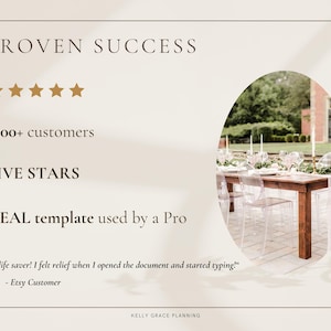 May include: Cream-colored graphic with text: "PROVEN SUCCESS," "1500+ customers," and "FIVE STARS." An oval image shows a table set for an event with clear chairs. The text "REAL template used by a Pro" is also present, along with a customer quote.