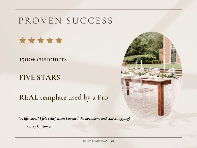 May include: Cream-colored graphic with text: "PROVEN SUCCESS," "1500+ customers," and "FIVE STARS." An oval image shows a table set for an event with clear chairs. The text "REAL template used by a Pro" is also present, along with a customer quote.