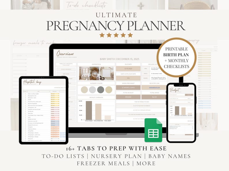 May include: A digital pregnancy planner displayed on a laptop, tablet, and smartphone. The planner includes to-do lists, a nursery plan, baby names, and freezer meal planning. The text reads "Ultimate Pregnancy Planner" and "Printable Birth Plan + Monthly Checklists."