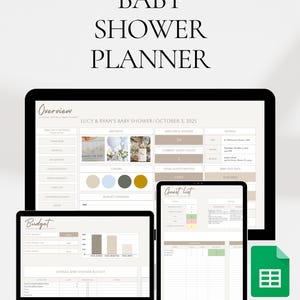 May include: Digital baby shower planner on a laptop, tablet, and phone. The planner includes sections for overview, budget, and guest list. Text on the image reads "Ultimate Baby Shower Planner" and "Made by an Event Planner."