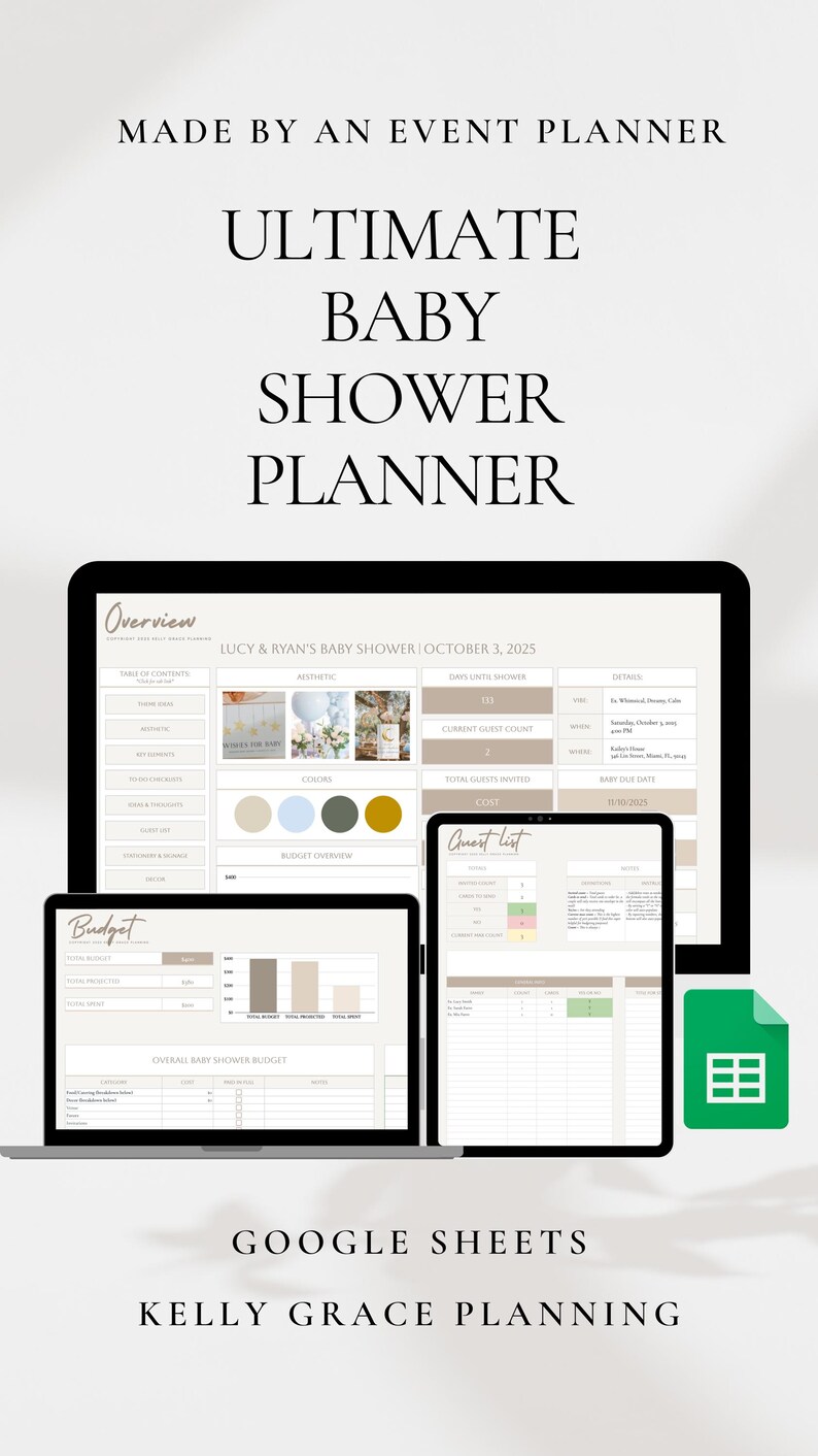 May include: Digital baby shower planner on a laptop, tablet, and phone. The planner includes sections for overview, budget, and guest list. Text on the image reads "Ultimate Baby Shower Planner" and "Made by an Event Planner."