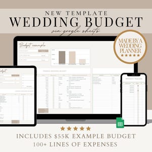 Può includere: Un modello di budget di matrimonio digitale in Google Sheets. Il modello include un esempio di budget, un budget generale di matrimonio e un tracker di pagamento. Il testo "NEW TEMPLATE WEDDING BUDGET via google sheets" è nella parte superiore dell'immagine. Il testo "INCLUDES $55K EXAMPLE BUDGET 100+ LINES OF EXPENSES" è nella parte inferiore dell'immagine.