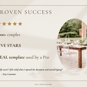May include: A graphic with the text "PROVEN SUCCESS" and five gold stars. The text "1200+ couples" and "FIVE STARS" are below the stars. The text "REAL template used by a Pro" is below the stars. A quote reads "A life saver! I felt relief when I opened the document and started typing!" - Etsy Customer. A photo of a wedding reception table with clear chairs and a white tablecloth is in the background.
