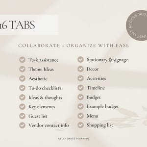 May include: A digital planner with 16 tabs, designed to collaborate and organize with ease. Features include task assistance, theme ideas, to-do checklists, and more. The planner is accessible with Google and includes a shopping list.