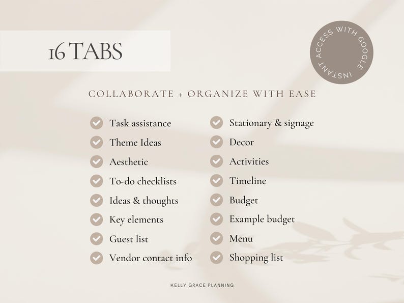 May include: A digital planner with 16 tabs, designed to collaborate and organize with ease. Features include task assistance, theme ideas, to-do checklists, and more. The planner is accessible with Google and includes a shopping list.