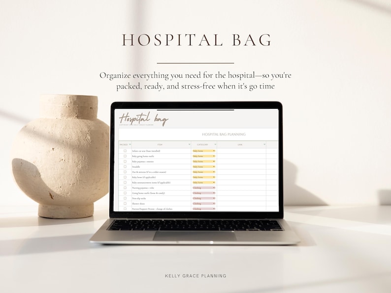 May include: A laptop displays a hospital bag planning checklist. The screen shows a list of items to pack. A beige vase sits to the left of the laptop. The text "HOSPITAL BAG" is at the top of the image.