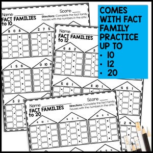 May include: Black and white printable worksheet for kids to practice math fact families up to 20. The worksheet features a house shape with numbers in the attic and blank spaces for students to fill in the missing numbers in the fact family.