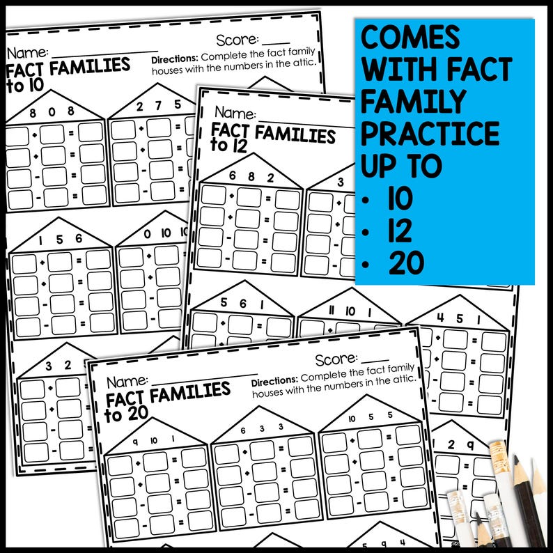 May include: Black and white printable worksheet for kids to practice math fact families up to 20. The worksheet features a house shape with numbers in the attic and blank spaces for students to fill in the missing numbers in the fact family.