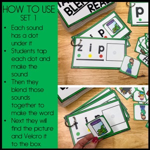 May include: Green and white cards with the words "Blend Read" and "Zip" on them. The cards have dots and pictures on them. The cards are used to teach children how to blend sounds together to make words.