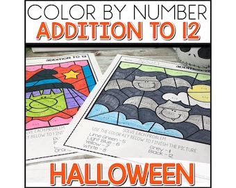 May include: Color by number Halloween-themed worksheets for addition to 12. The worksheets feature images of a witch and bats, with a color key to solve each problem. The text "Halloween" is displayed in orange.