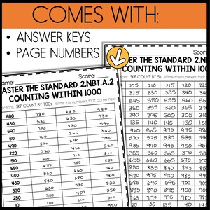 May include: Black and white worksheet with the title "Master the Standard 2.NBT.A.2 Counting Within 1000". The worksheet has a grid of numbers to count by 100s. The worksheet is designed for students to practice counting by 100s within the number 1000.