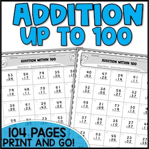 2-Digit Addition Worksheets, Addition Homework, Homeschool Sheets Addition Drills for Kids Math Work, Maths Practice, Double Digit Addition