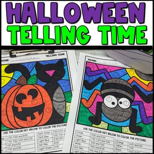 May include: Two Halloween-themed coloring pages with a color key. The first page features a pumpkin and a black cat. The second page features a spider. The color key lists times on a clock face, such as 3:30, 12:00, 7:30, 9:30, 5:00, and 2:30.