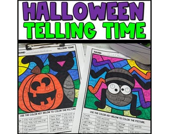 ハロウィーンの時刻を数で表す色分けワークシート、コードで色分けする印刷可能なアクティビティブック、ホームスクールのアクティビティ、ハロウィーンの塗り絵